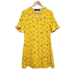 New with Tag Women's Francesca's Blue Rain Yellow Polka Dot Floral Mini Dress